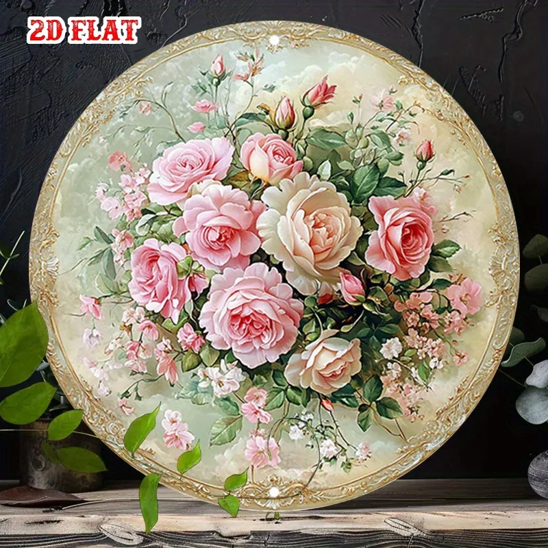 [2D Flach] 1 Stück Vintage-inspiriertes Metallschild mit rosa Rosen & goldenem Rand - Elegante runde florale Wandkunst für Zuhause, Café oder Retro-Stil