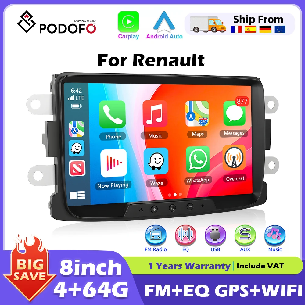 Podofo 8" Android Carplay Autoradio Stereo für Renault Dacia Duster Sandero Logan Dokker GPS Navigation FM/RDS 2DIN Autoradio Image