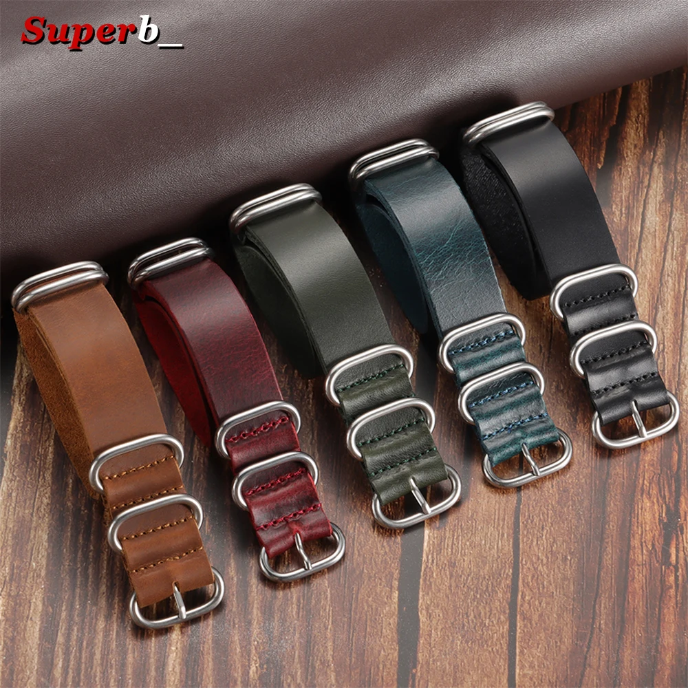 18mm 20mm 22mm Handgefertigtes Uhrenarmband aus Rindsleder Vintage Echtleder Uhrenband Ersatz mit Metallring-Schnalle Armband für Herren Image