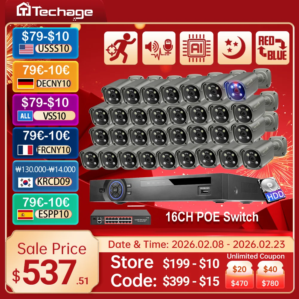 Techage H.265 36CH 4K 5MP 8MP Sicherheitskamerasystem Gesichtserkennung Smart AI Bunte Nachtsicht CCTV POE Überwachungskits Image