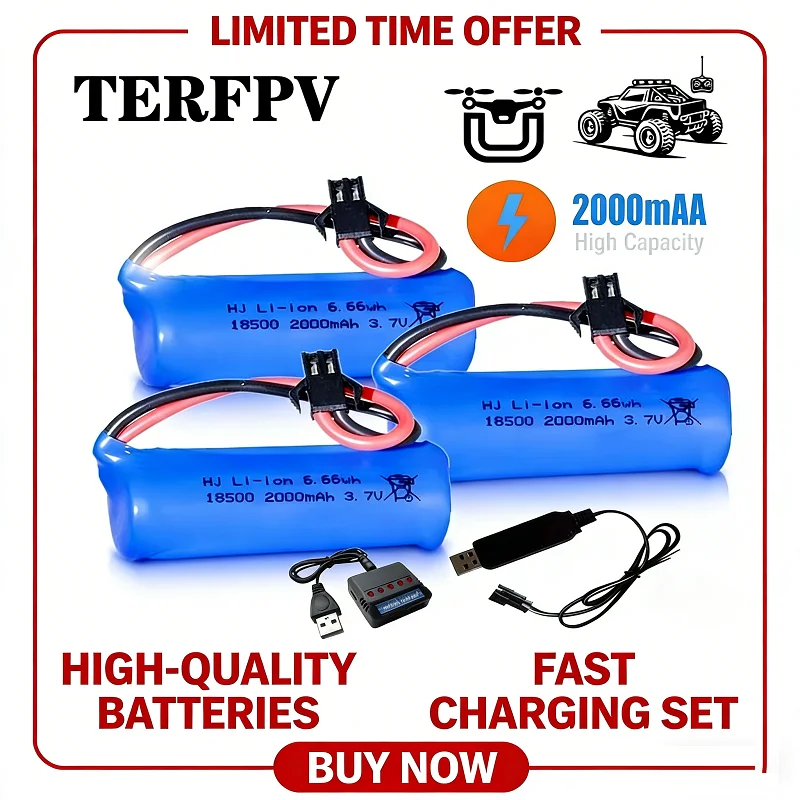 TERFPV 3,7V 2000mAh Akku mit SM Li-Ionen-Ladegerät, geeignet für RC-Spielzeug, Driftautos, Boote, Flugzeuge, RC-Stunt-Dumper, Funkgeräte 18500 Image