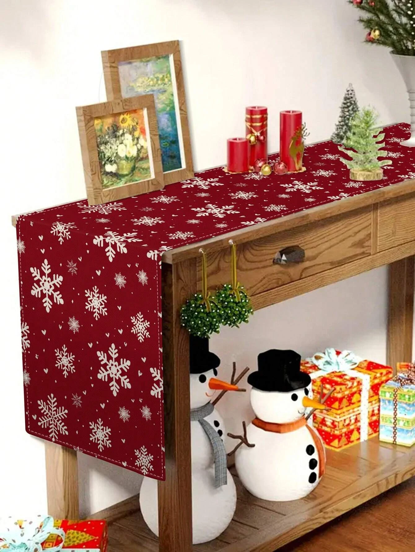 Weihnachts-Schneeflocken-Tischläufer, weißes Schneeflocken-Herzmuster für Weihnachten, Konsole, Tischdekoration, Urlaub, Heimdekoration, festlich Image