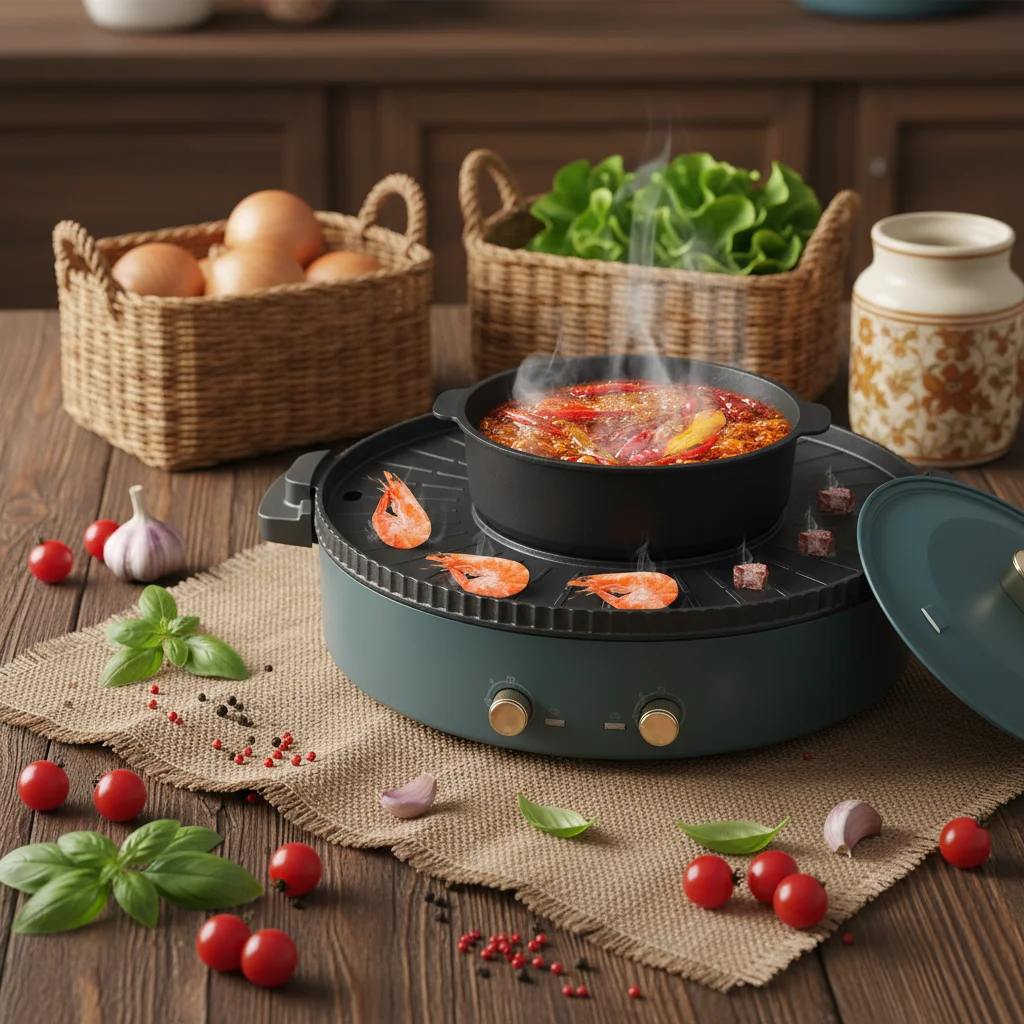 Multifunktionaler 42cm Elektrogrill mit Hotpot-Funktion | Abnehmbare Doppelte Trennung, 50-190 ℃ Einstellbares, 2000W Haushaltskochgerät Image