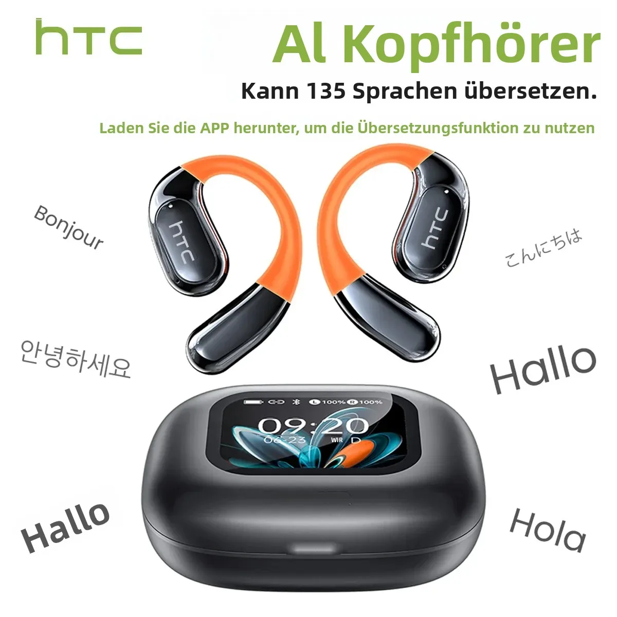 HTC NE27 Bluetooth-Kopfhörer mit KI-Übersetzung, OWS Sport-Ohrhörer, Touchscreen, extrem lange Akkulaufzeit, kabelloser Kopfhörer Image