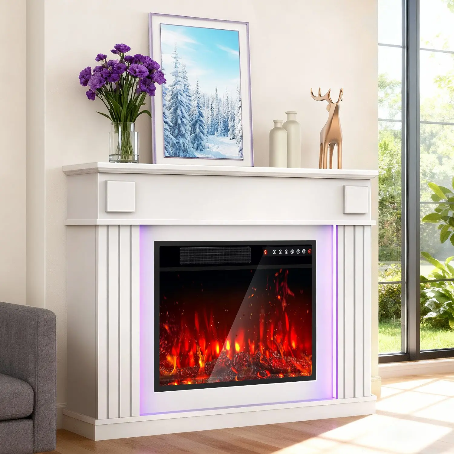 Elektrokamin 23 inch Elektrischer Kamin mit LED 3D Realistischer Flammeneffekt Erwärmungsfreistehender mit Timer und 20-Farb-LED-Lichtband und Fernbedienung Standkamin weiß