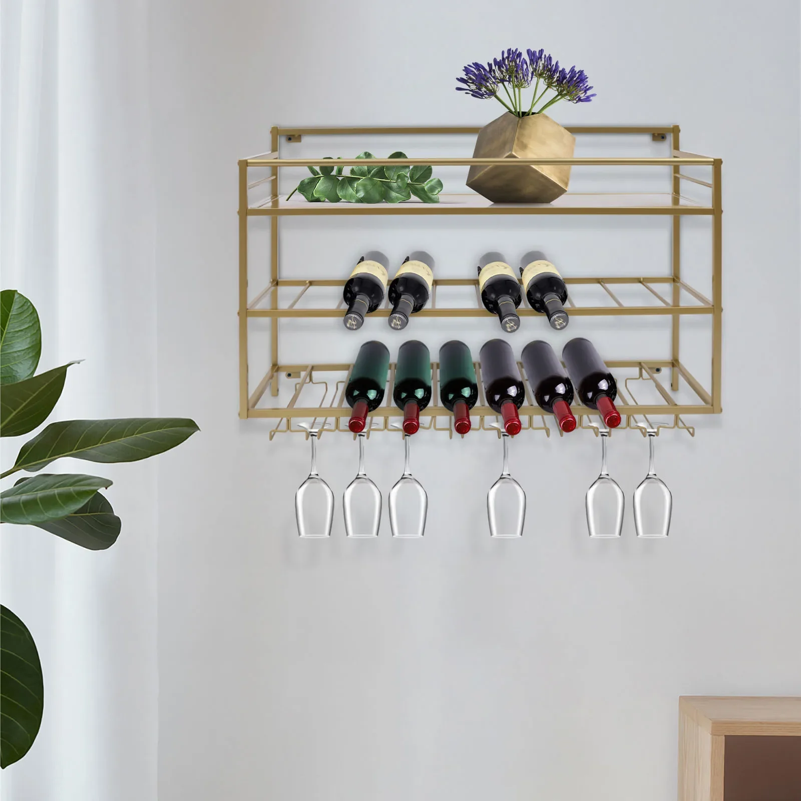 Weinregal Wandmontiert Bar Vintage Metall-Weinregal für Weinkeller Bar Lager Weinregal mit Tischplatte, 25 x 80 x 55 cm, Gold