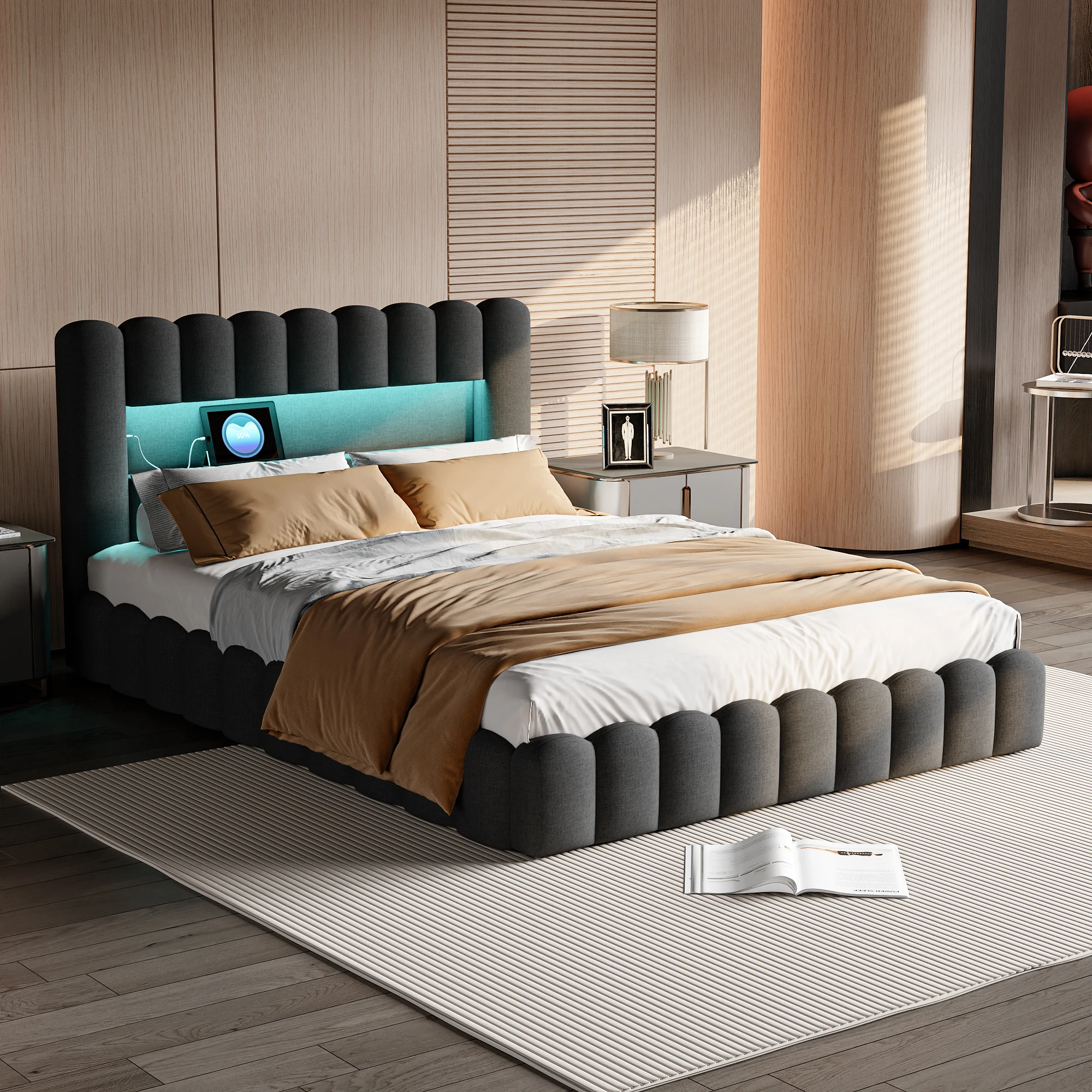 Comanlia Gepolstertes Doppelbett, Hydraulisches Bett mit LED und Ladeanschluss, Stauraum, Leinen, Grau Image