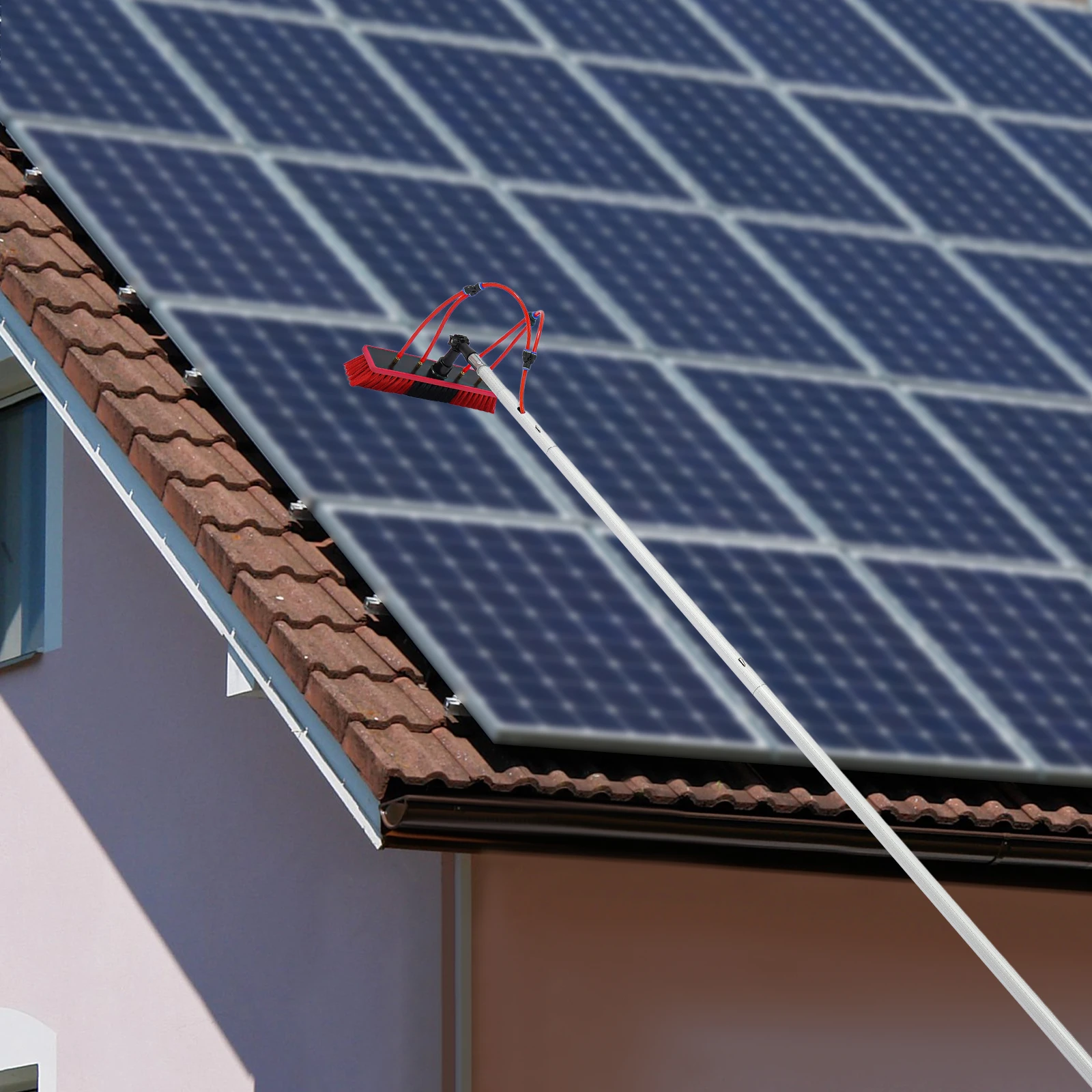 Solarmodul-Reinigungsbürste Fensterreinigungsbürste mit Teleskopstange Drehbarer Bürstenkopf 5m Stangenlänge 20m Schlauchlänge Image