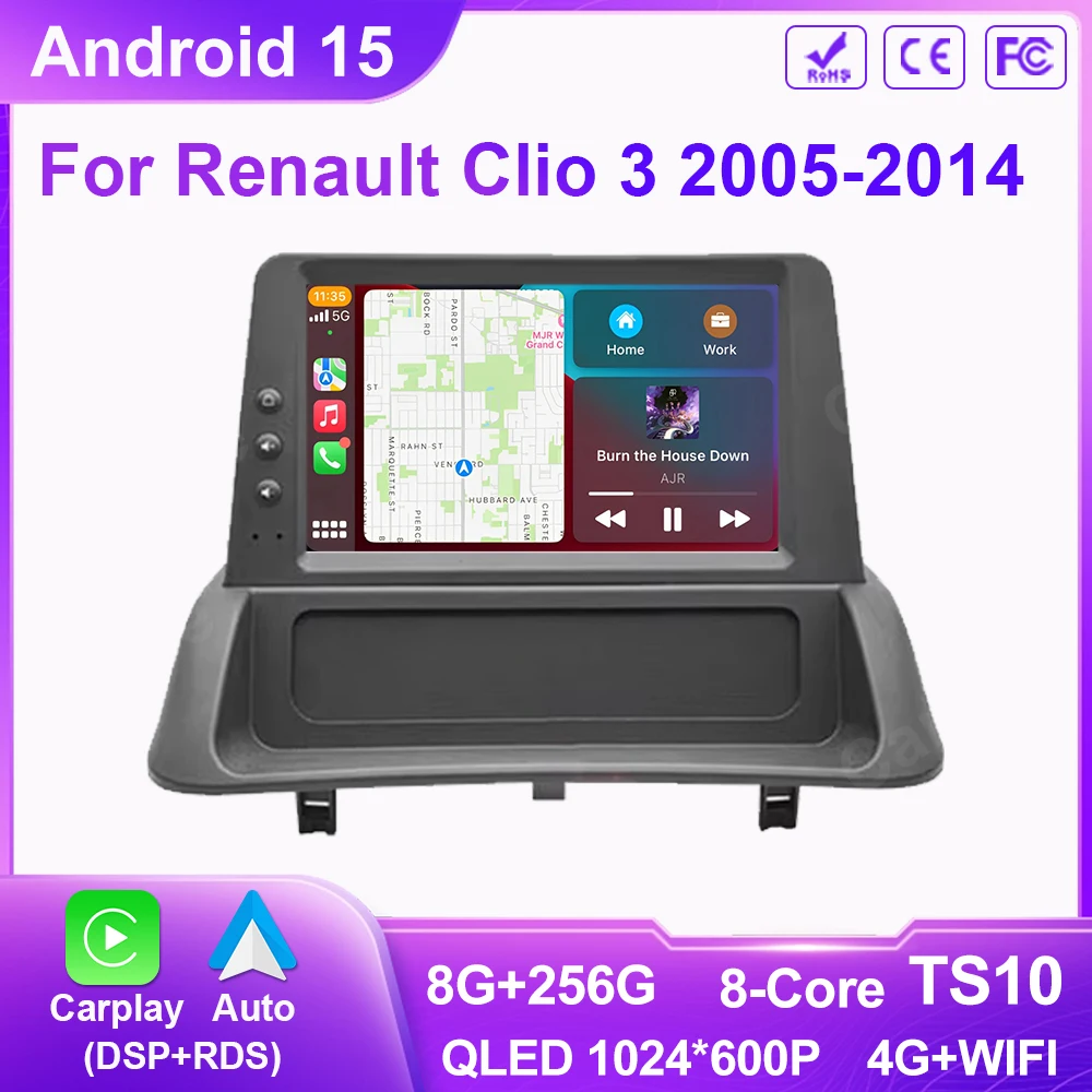 Autoradio pour Renault Clio 3 2005-2014, Carplay, GPS, Navigation, Android Auto, Android 15, autoradio stéréo, unité vidéo, vidéo, non 2din