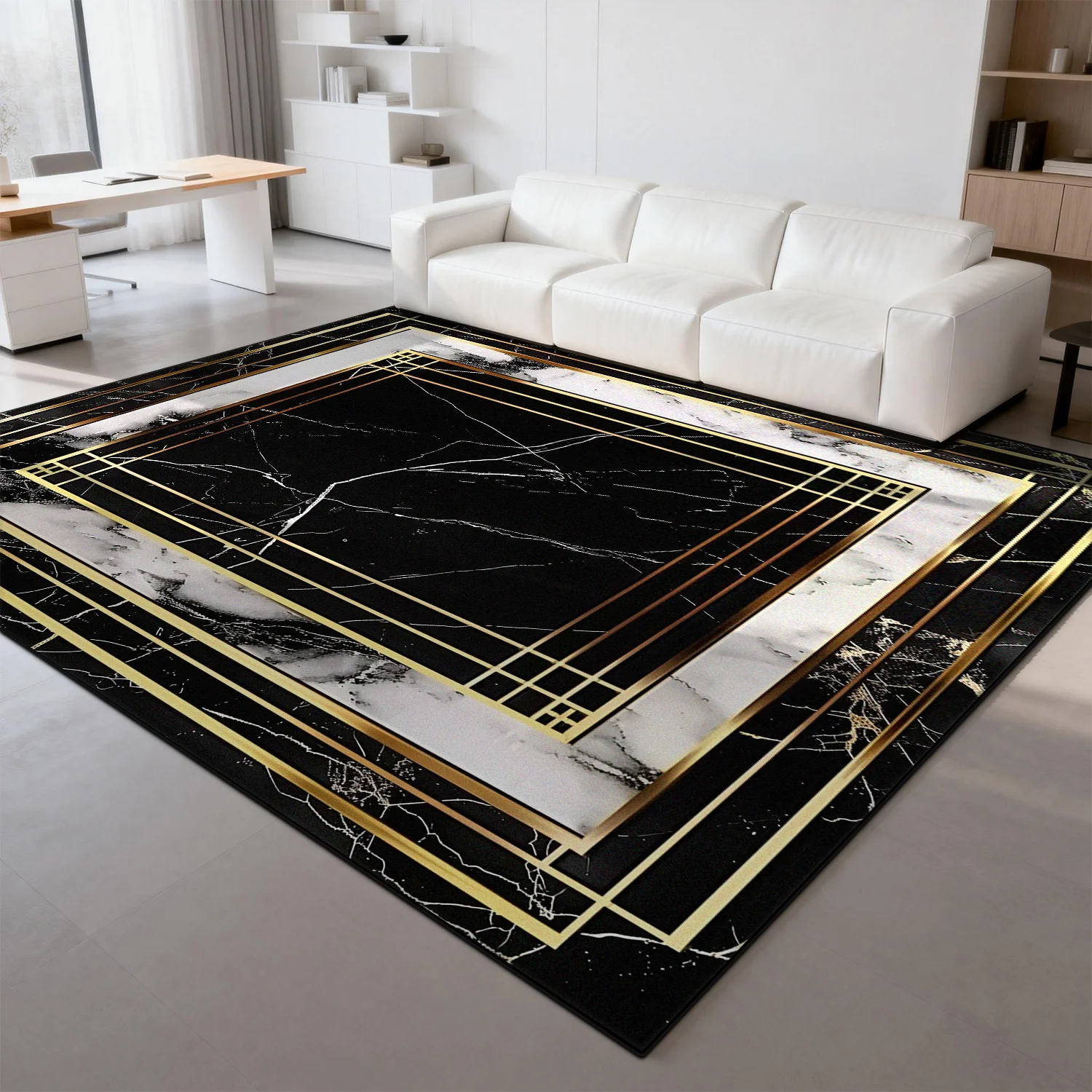 Schwarzgoldener Luxus-Marmor-Wohnzimmerteppich Dekoration Schlafzimmer Empfang Waschbarer Weicher Teppich Rutschfeste Flauschige Große Bodenmatten Image