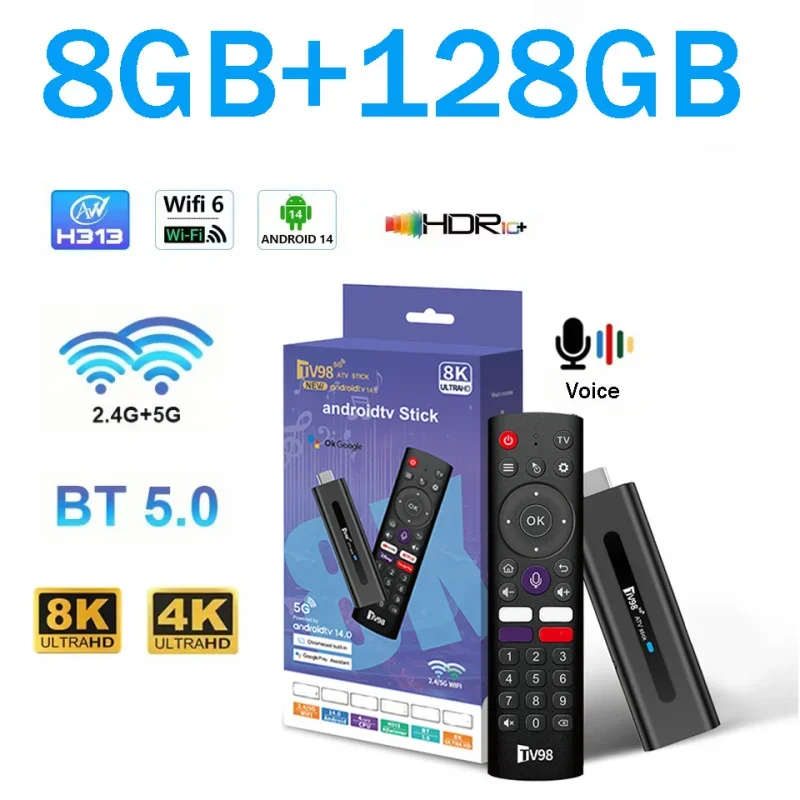 TV98 ATV Stick Android 14 BT 5.0 Allwinner H313 Quad Core 4G 5G Dual-WLAN Sprachfernbedienung HD 8K 4K @60fps TV-Stick 8GB 128GB IPTV Image