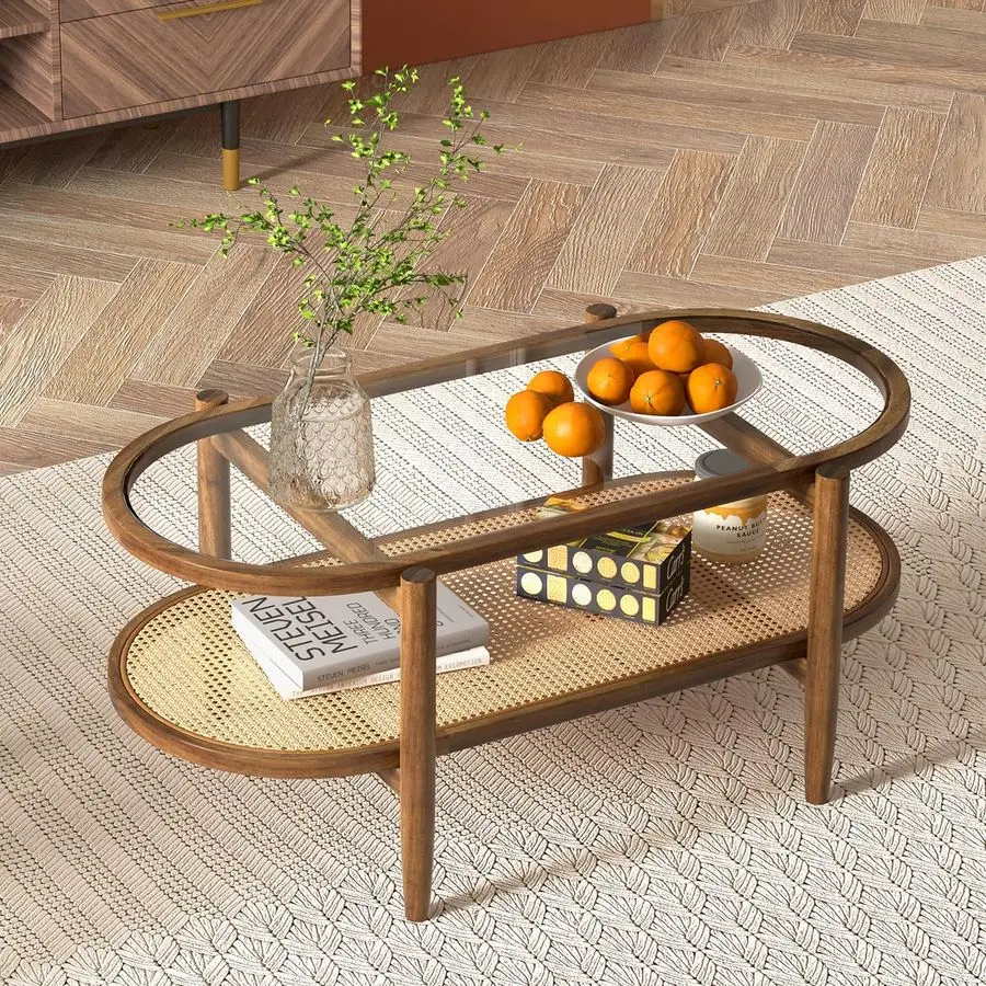 Ovaler Couchtisch aus Rattan, Wohnzimmertisch aus Holz mit Glasplatte und Rattan-Regal, 102 x 56 x 47 cm, Couchtisch, Wohnzimmer, S