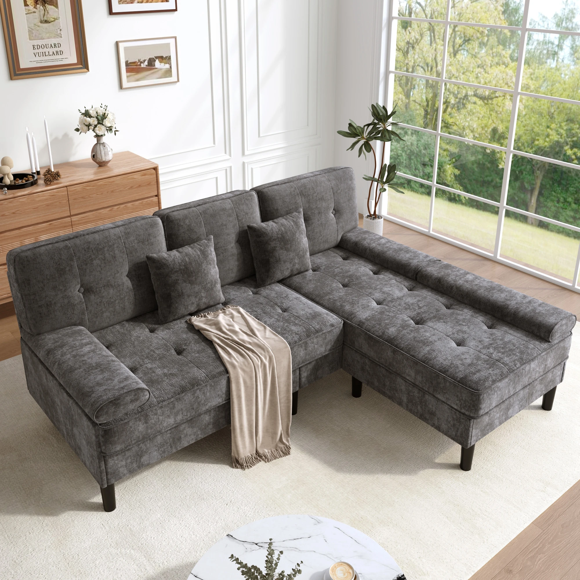 Chenille L-förmiges Ecksofa, dreisitziges multifunktionales Wohnzimmer-Chaiselongue-Sofa mit Schlaffunktion, beweglicher Fußstütze. Image