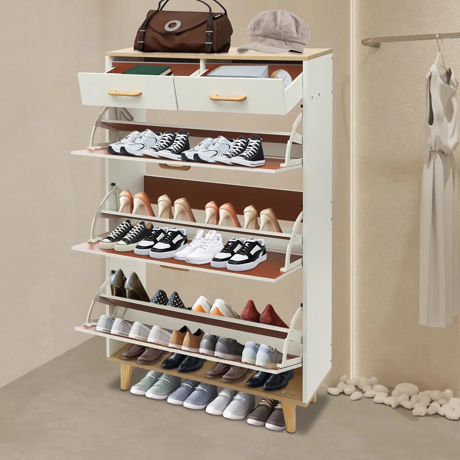 Bymaocar Freistehender Schuhschrank, 3 Klappregale, 2 Schubladen, 80 x 24 x 135 cm, Schuhschrank für Eingänge, Garderobe, Flur