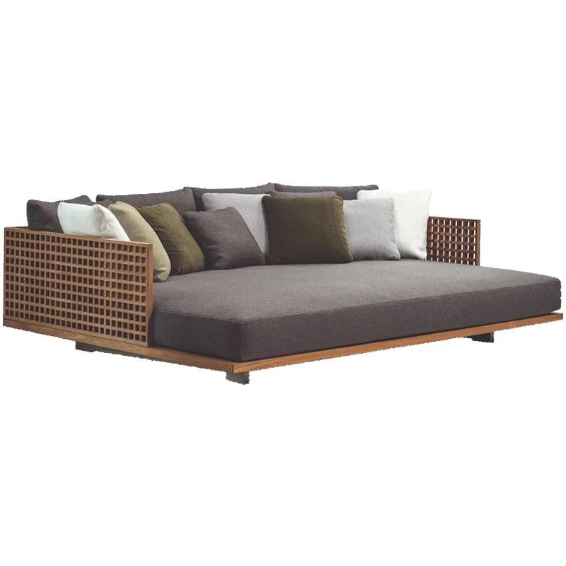 Liegebett für den Außenbereich, doppelter Loungesessel aus Teakholz, nordischer Open-Air-Pool-Villa-Loungesessel, Garten, Hotel, Mittagspause, Liegebett