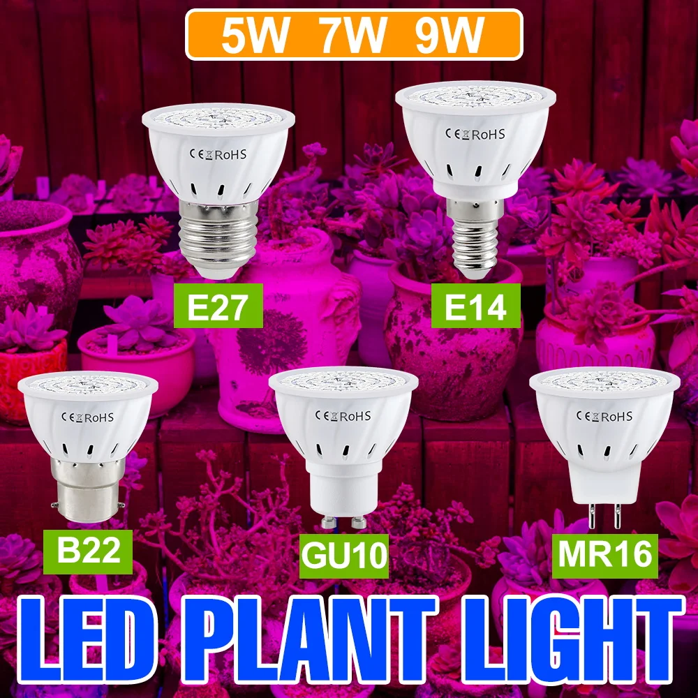 9W E27/E26 LED-Wachstumslampe GU10 Vollspektrum-Pflanzenlampe E14 für Zimmerpflanzen, Obst und Blumen MR16 Kultivierungsbeleuchtung AC220V 7W5W