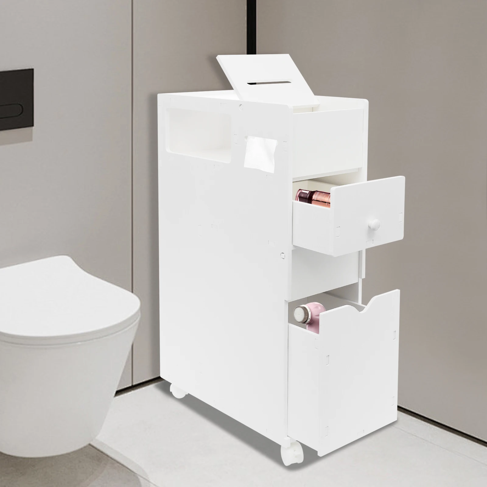 Schmaler Badezimmerschrank, schlanker Badezimmer-Aufbewahrungsschrank mit Schubladen, schmale Bodenschränke für Badezimmer und Waschküche