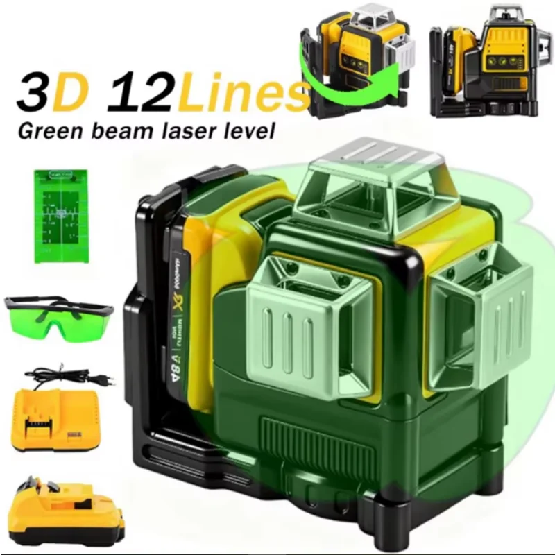 12-Linien 3D-Laser-Nivelliergerät mit grüner Linie, selbstnivellierend, 360° horizontal und vertikal, grüner Laserstrahl, kompatibel mit Dewalt-Akkus Image