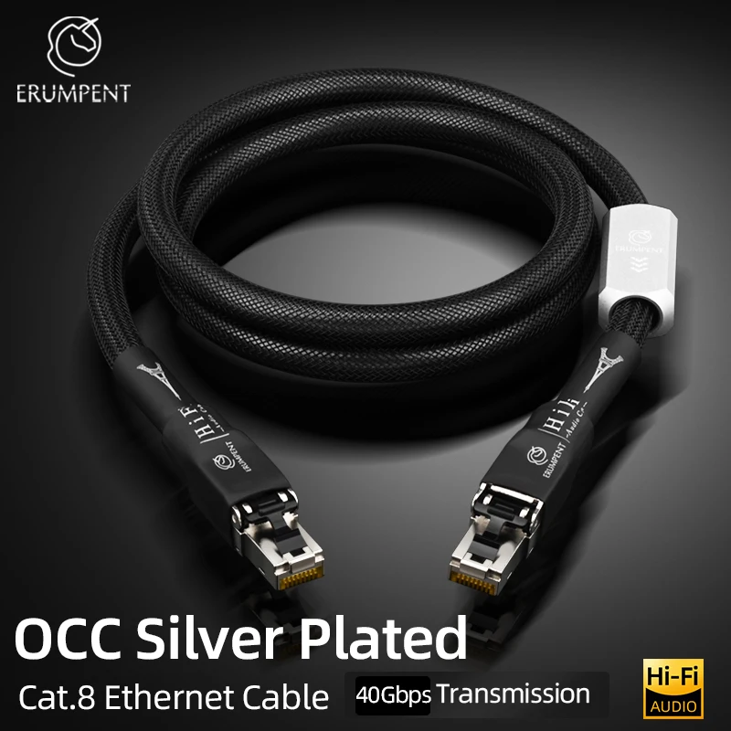 Hochgeschwindigkeitsversilbertes Cat-8-Netzwerkkabel, 40 Gbit/s, 2000 MHz, störungsfrei, mit Abschirmung, HiFi-Audio, RJ45-Ethernet-LAN-Kabel Image