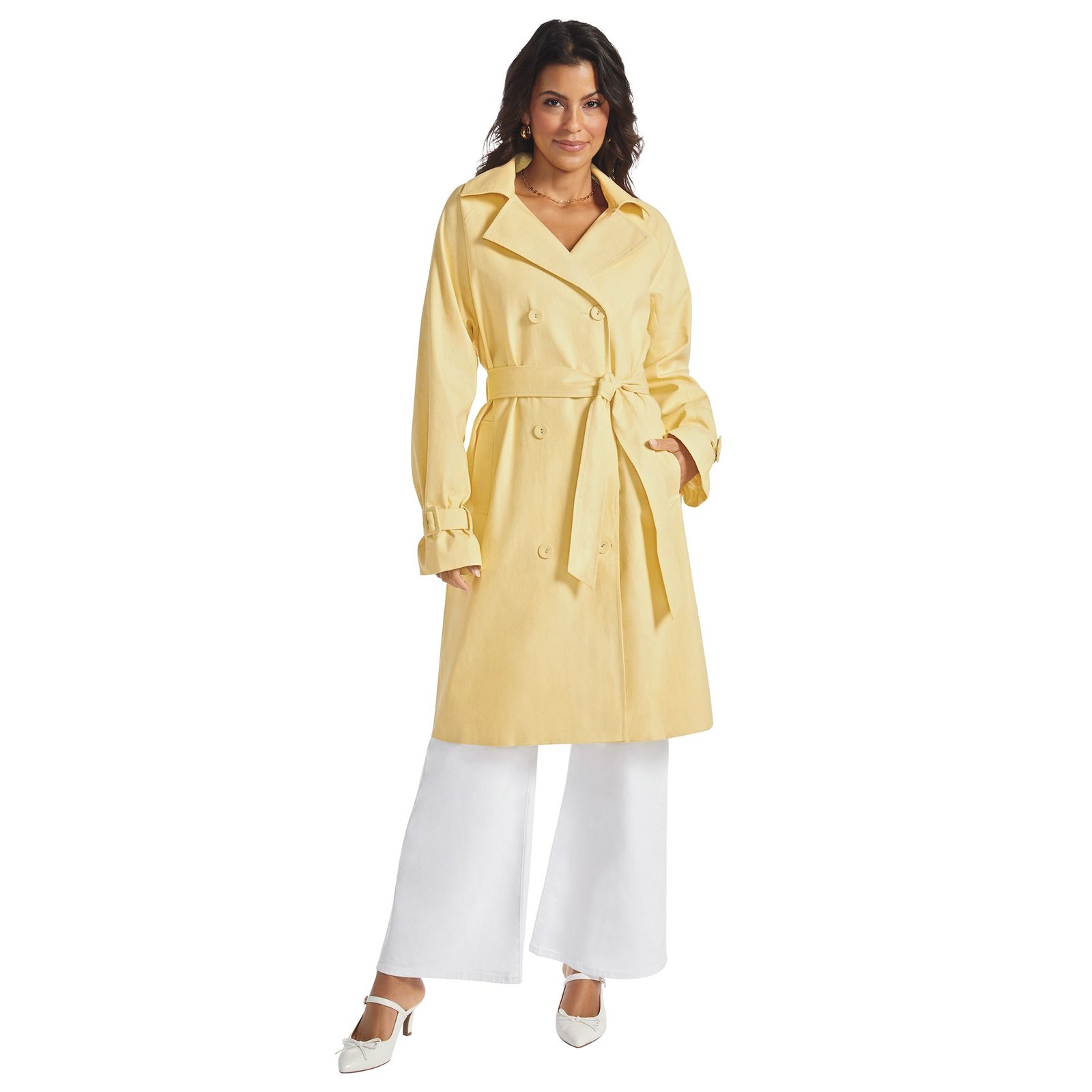 Masseys Classic Trench Coat (Size 3X) Pastel Yellow, Cotton,Polyester