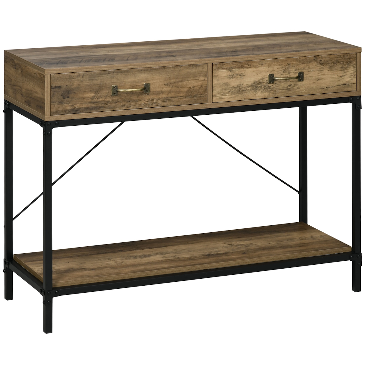 MODFU Konsolentisch 100x35x77 cm mit 2 Schubladen und Unterregal Braun, Metallrahmen im Industrie Design, Flur und Wohnzimmer Image