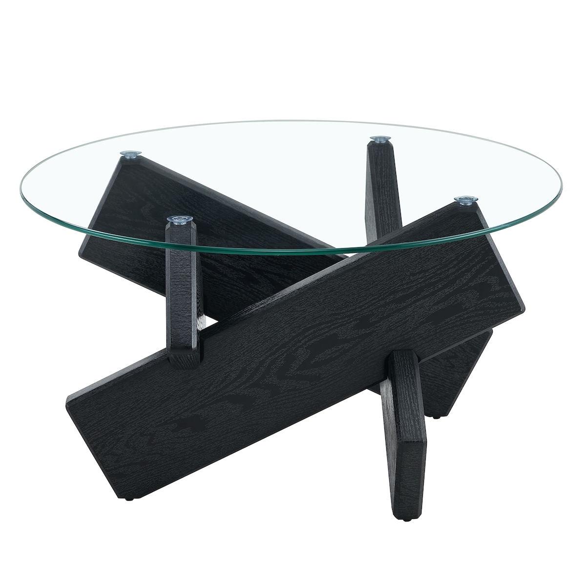 OKWISH Couchtisch rund 79x79x45 cm MDF+Glas Schwarz+Transparent mit Kreuzgestell und 8 mm Glasplatte moderner Wohnzimmertisch Image