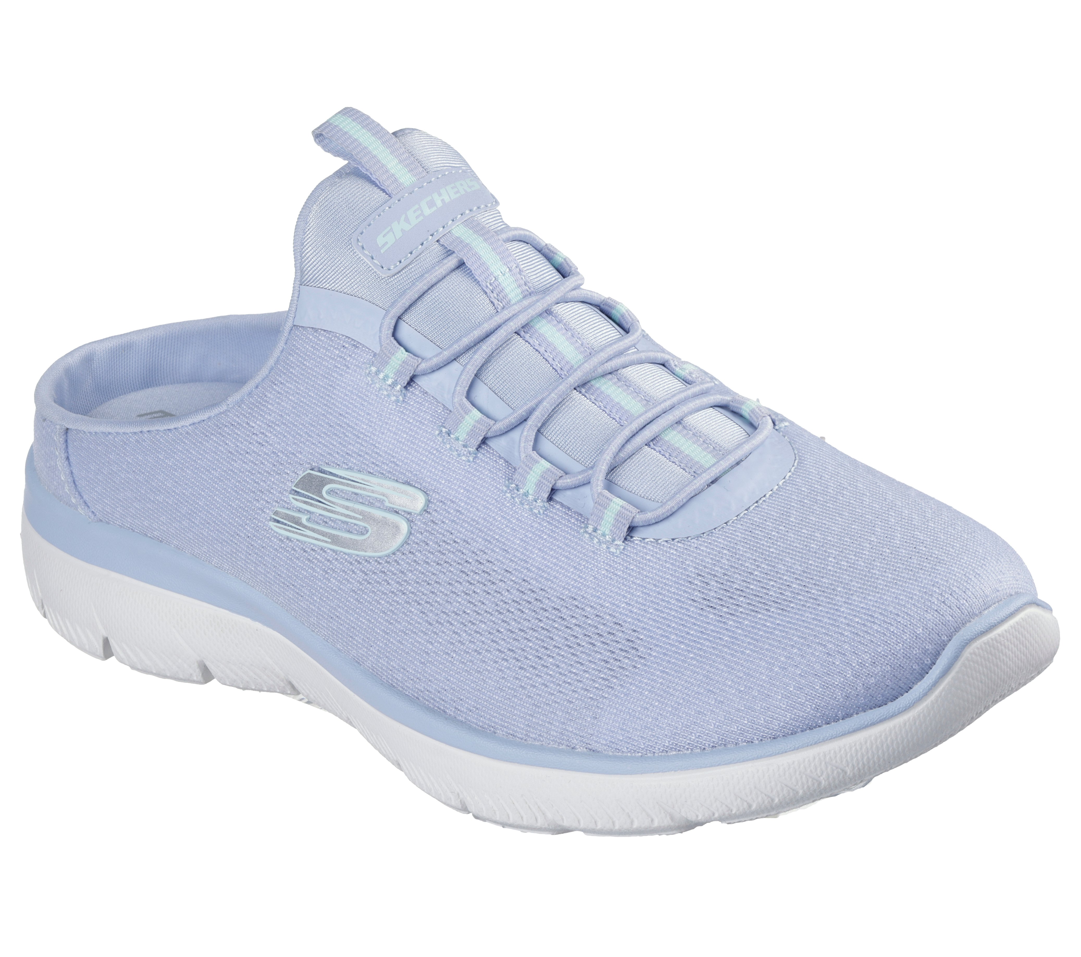 Sabot SKECHERS "SUMMITS-SIMPLY SWEET", Damen, Gr. 42, peri, hellblau, Textil, Schuhe Sabot, Freizeitschuh, Sommerschuh, Hausschuh mit weicher Innensohle
