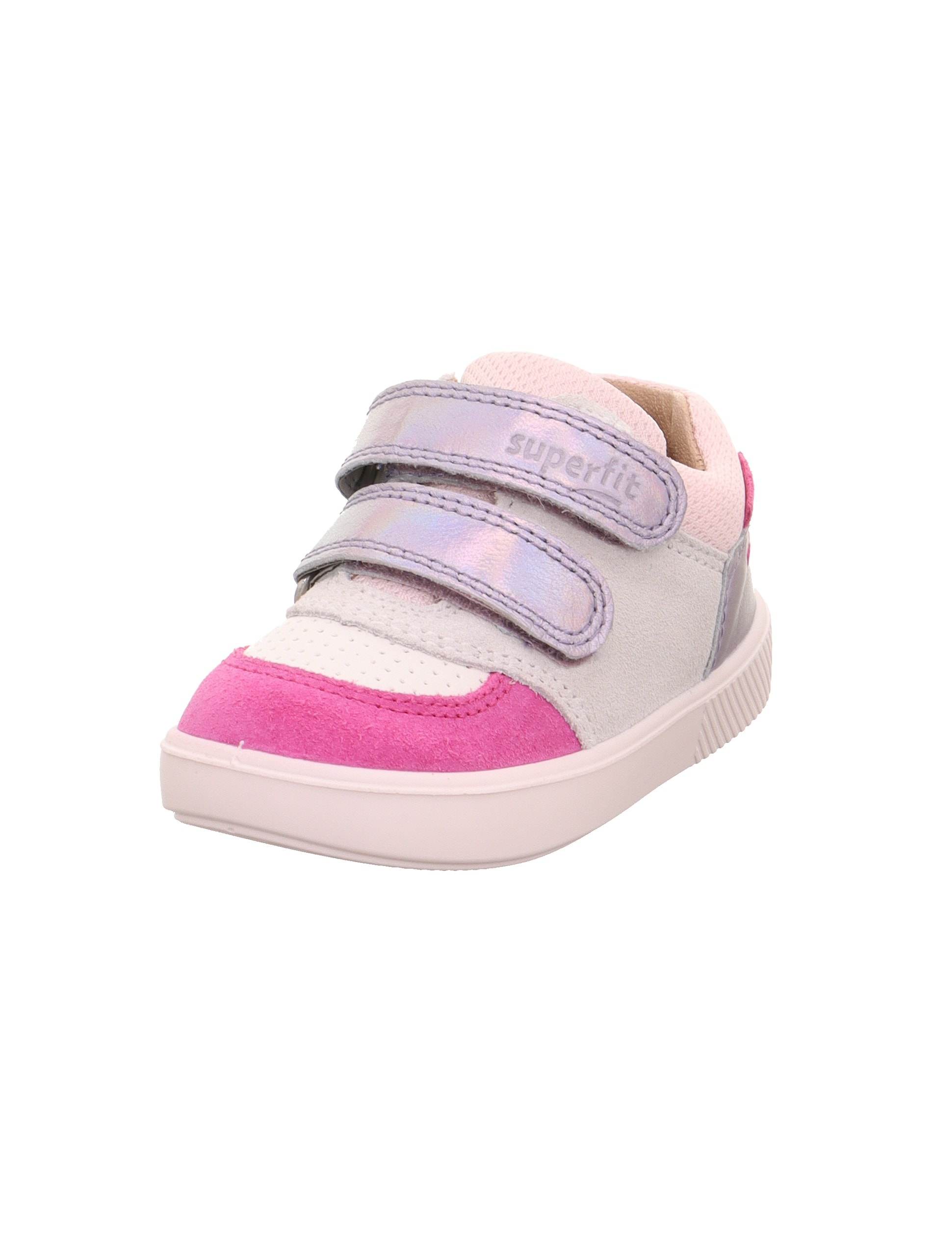 Klettschuh SUPERFIT "SUPIES WMS: mittel", Kinder, Gr. 25, flieder, rosa, Schuhe Klettschuh, Sneaker, Freizeitschuh im Retro Look, Größenschablone zum Download