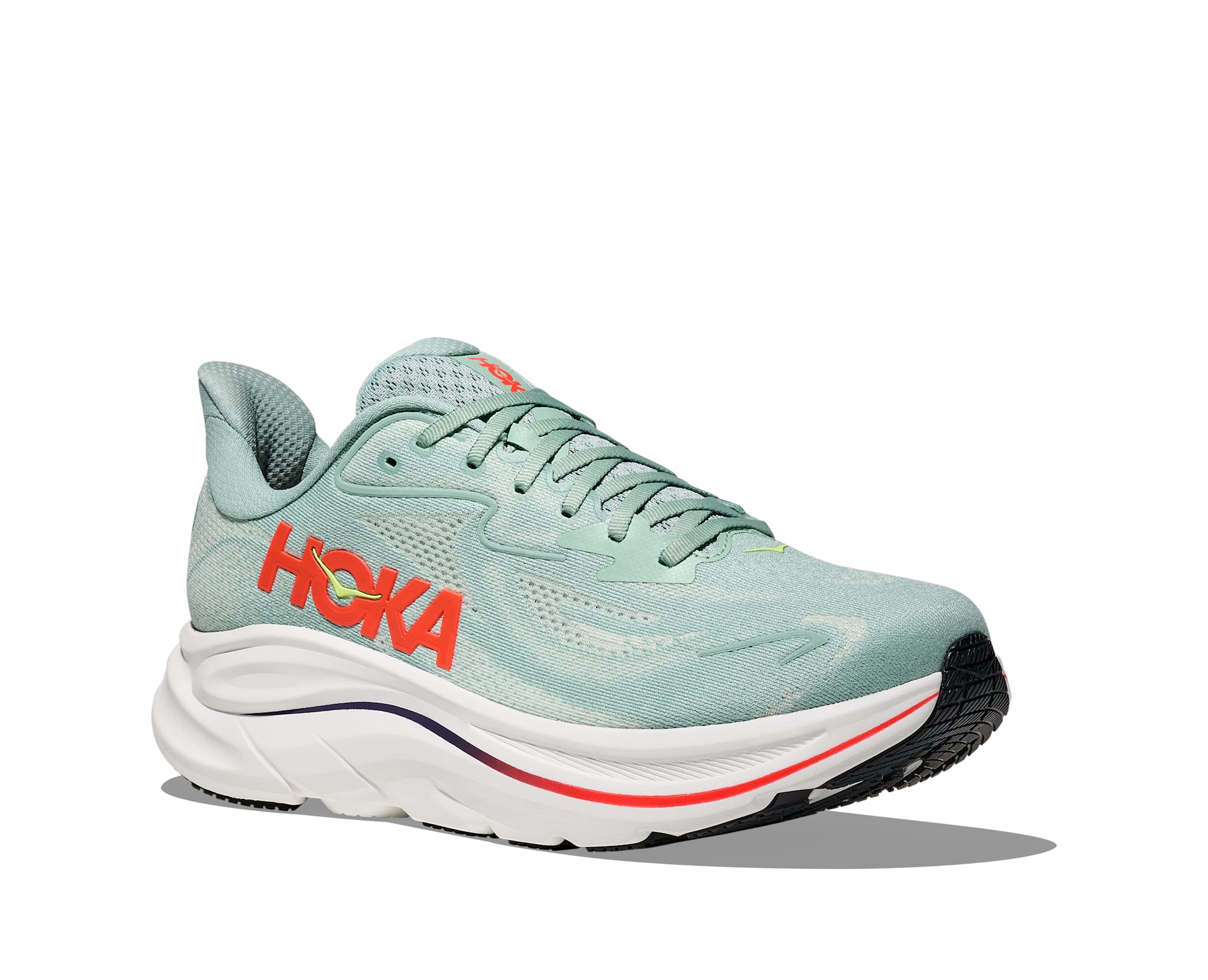 Laufschuh HOKA ONE ONE "CLIFTON 10", Herren, Gr. 44, sage, neon flame, Synthetik, Textil, Schuhe Laufschuh