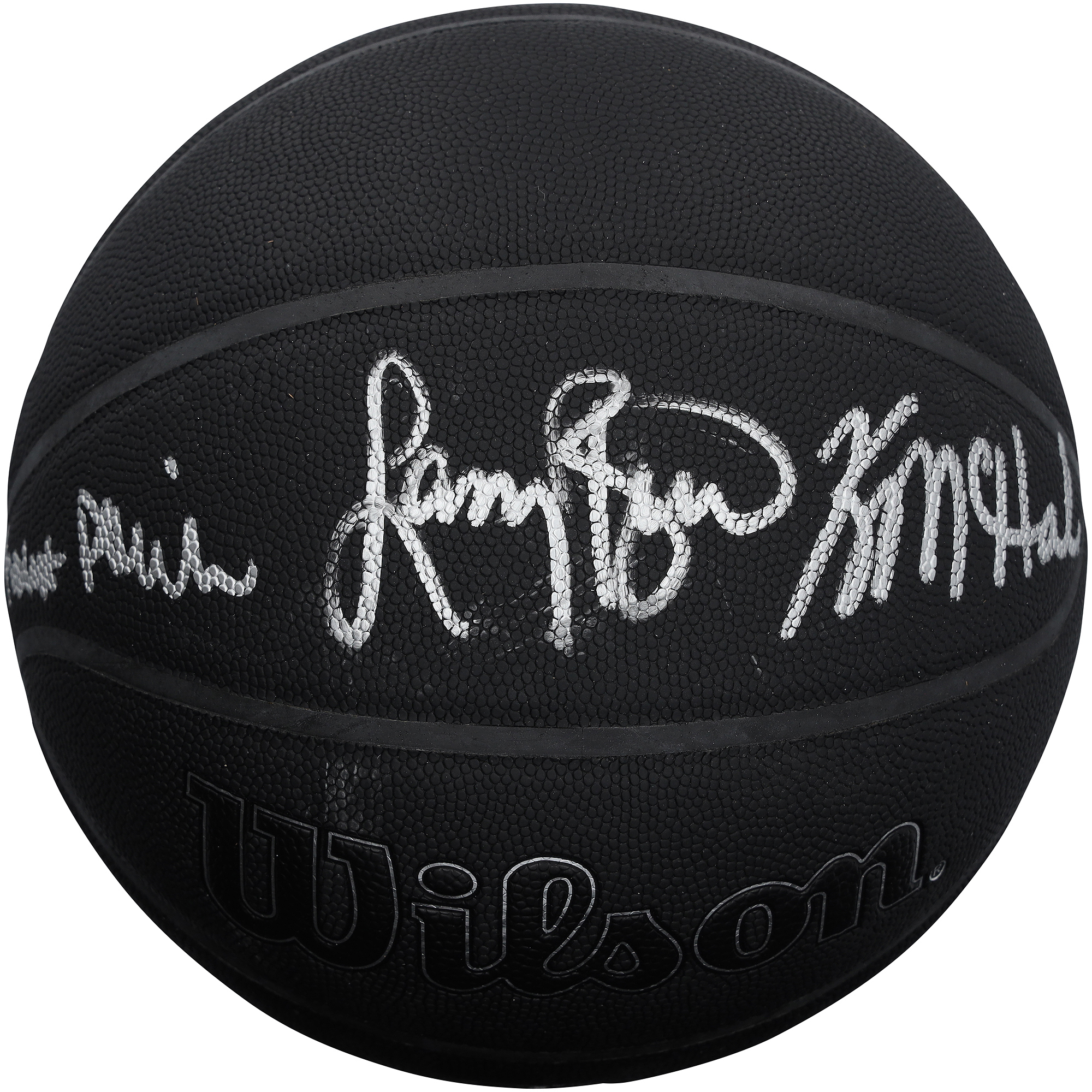 "Larry Bird, Robert Parish und Kevin McHale signierten schwarzen Basketball der Boston Celtics mit Wilson-Logo zum 75-jährigen Jubiläum." Image