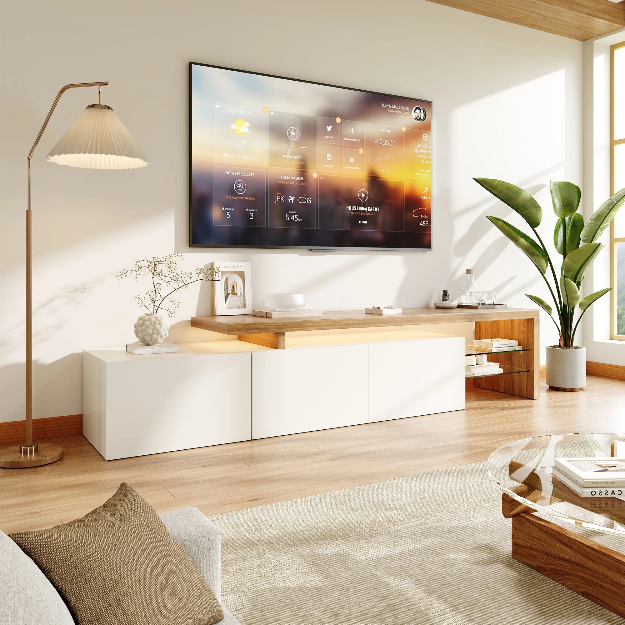 Meuble TV Rosahqnda avec 3 portes, 2 étagères, meuble TV bas avec éclairage LED, meuble TV pour téléviseurs jusqu'à 65 pouces pour salon, chambre à coucher