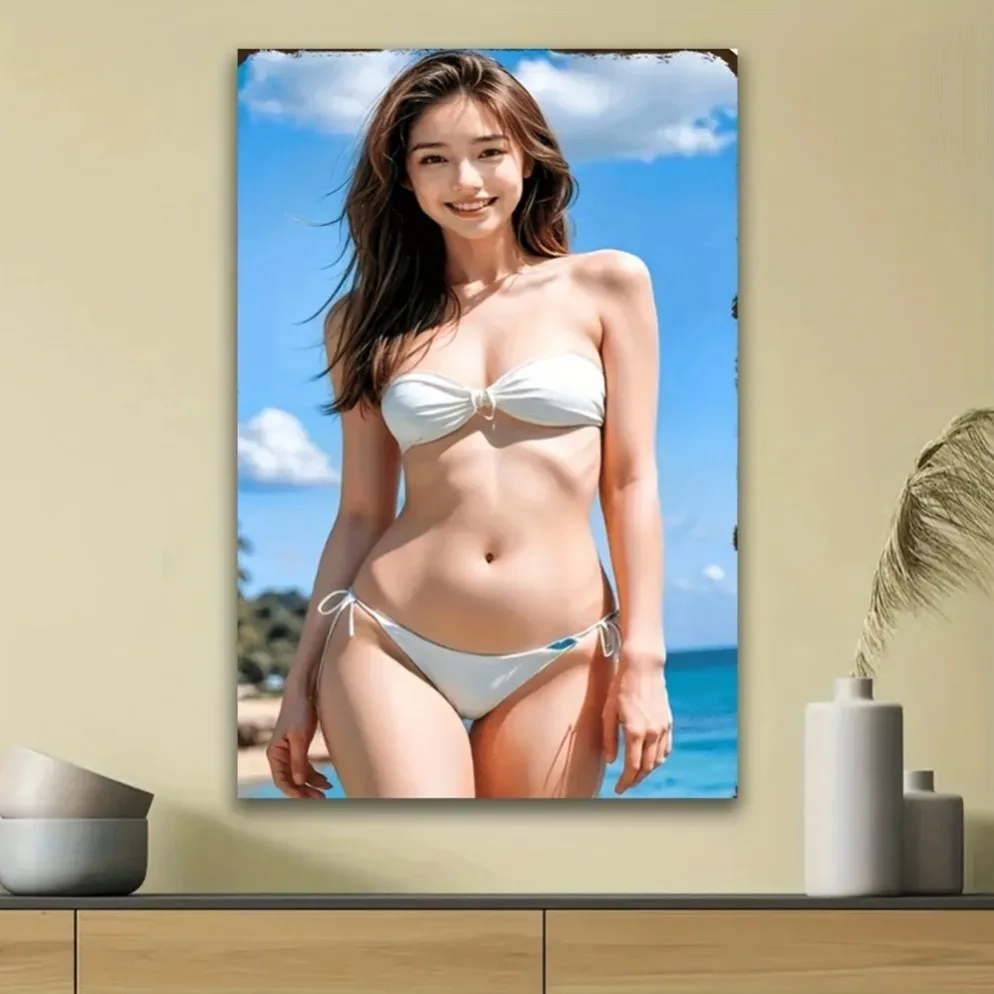 Ungerahmte Wandkunst Strandszene Frau im Weißen Bikini Lächelnd Vertikale Dekoration für Wohnzimmer Büro Innen- und Außenbereich Geschenk Image