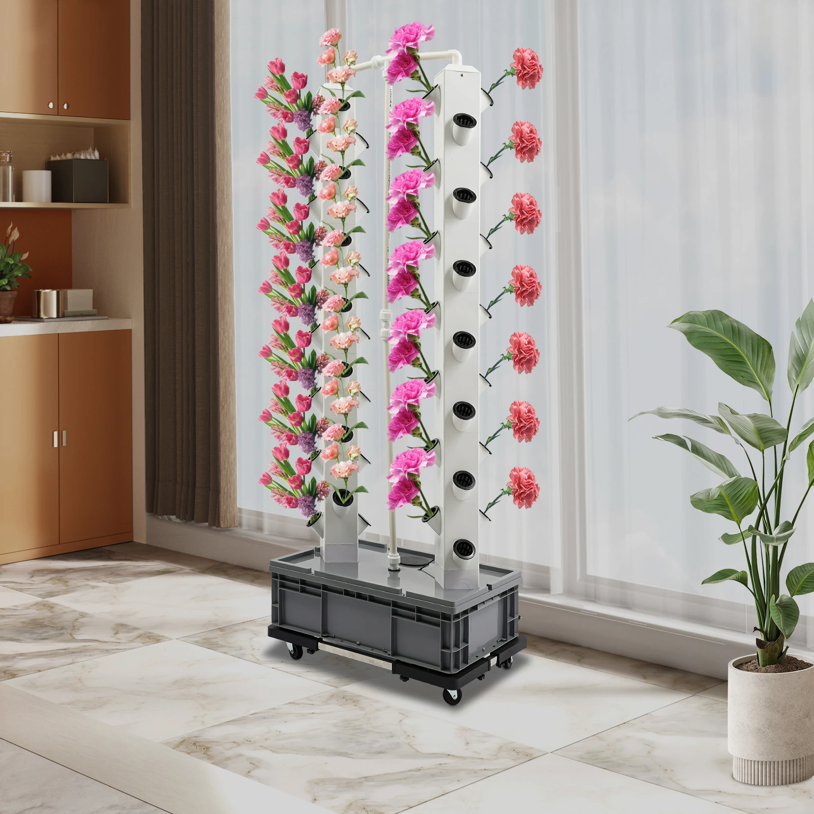 Indoor-Vertikalfarm-System, 56 Pflanzplätze Hydroponik-Turm mit Reservoir & Rollen für Salat, Grünkohl und Microgreens Image