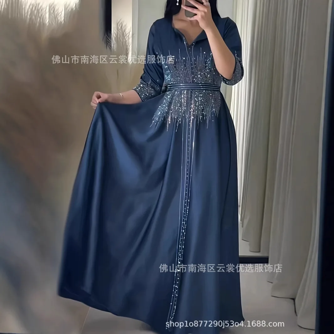 Dubai Kleid Damen Eid Abaya Partykleider Muslimische Vestidos Jalabiya Schnürung Ramadan Kaftan Diamanten Marokko Islam Arabisches Langes Gewand Image