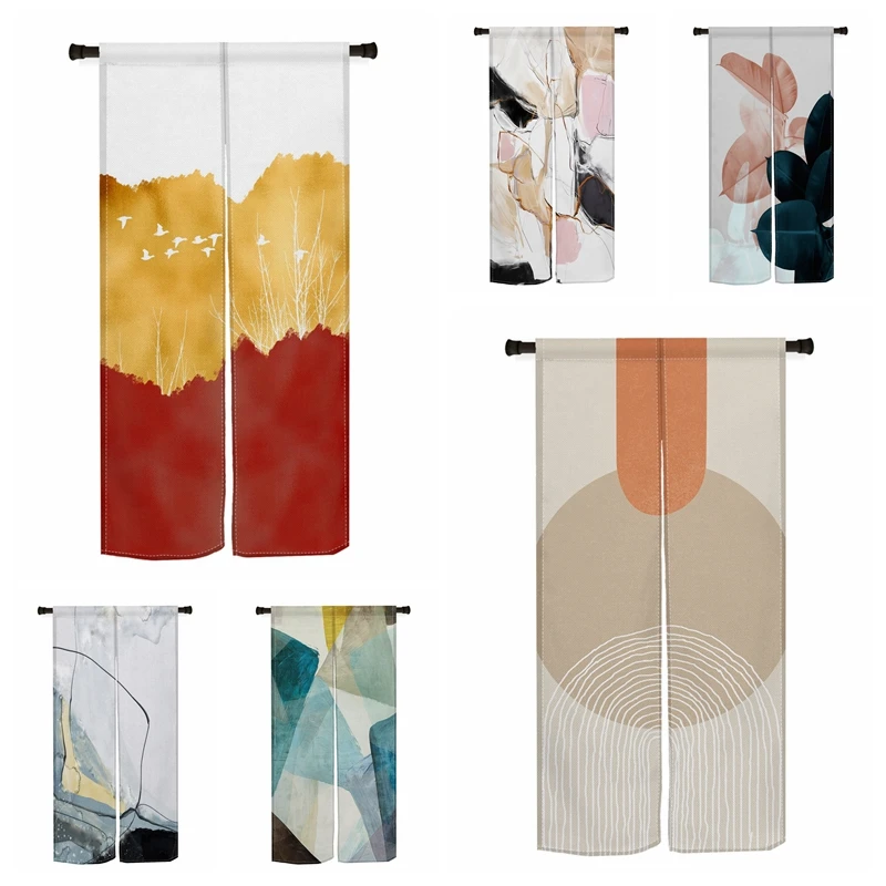 Moderne abstrakte Noren Türvorhänge Hirsch geometrische Kunstmuster geteilte Leinen-Türvorhänge Restaurant Küche Halbvorhänge Image