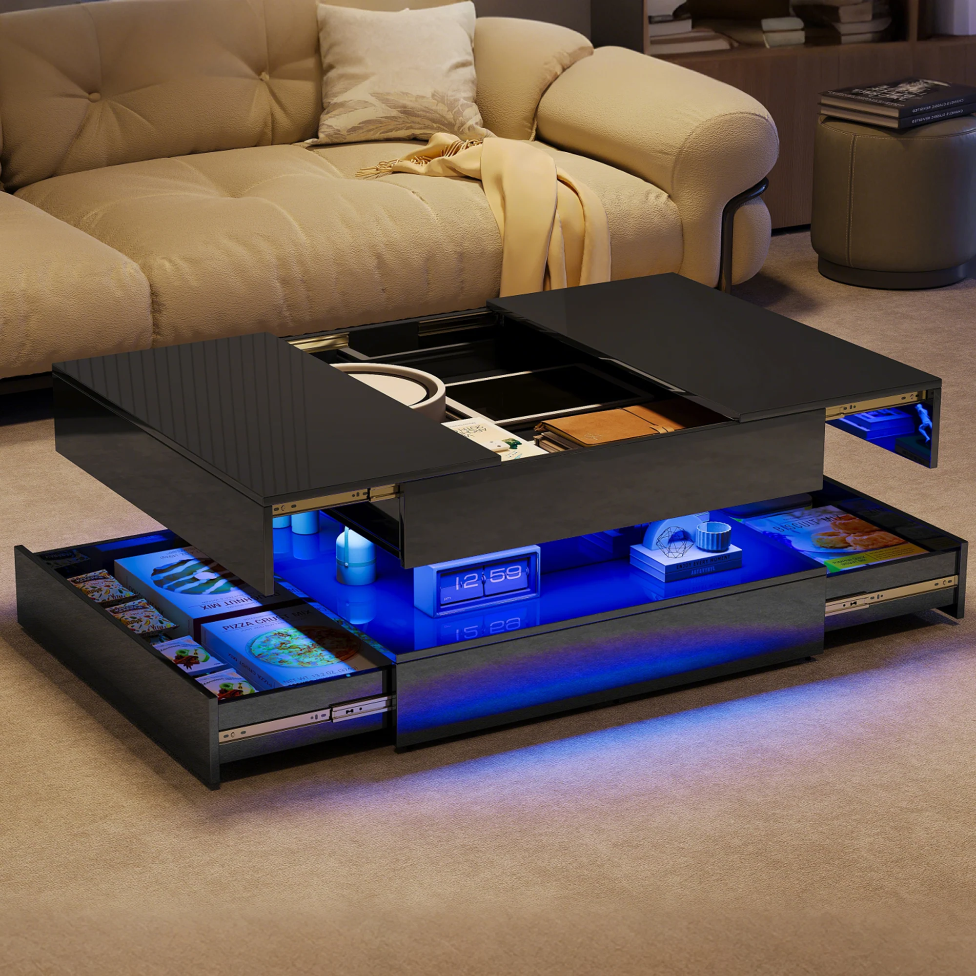 Comanlai Ausziehbarer Couchtisch, Quadratischer Beistelltisch mit 2 Schubladen, LED-Beleuchtung, Offenem Stauraum und Verstecktem Fach, für Wohnzimmer Image