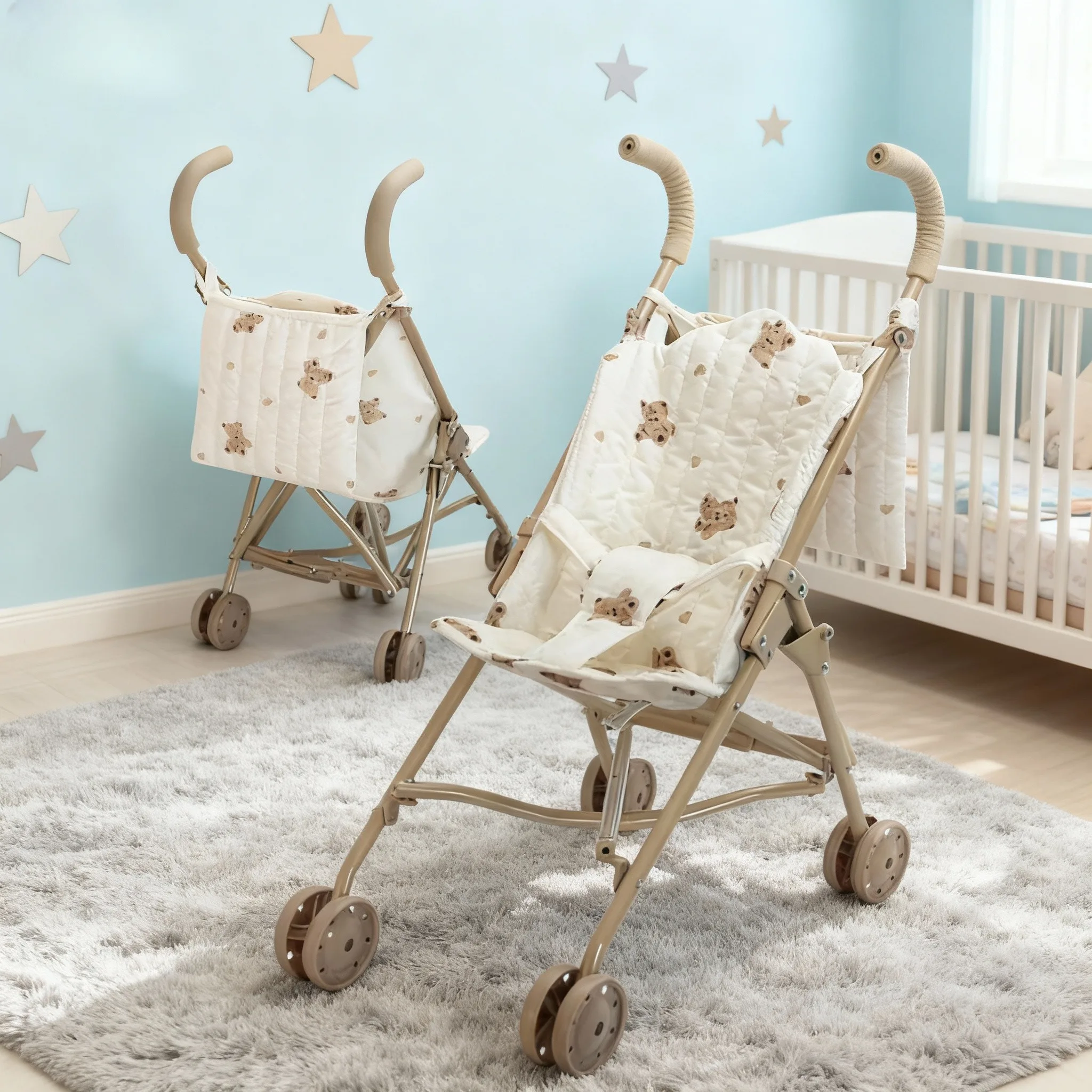 Niedlicher Bären-Puppenwagen für Mädchen Kleinkinder Rollenspielzeug Faltbarer Kinderwagen für Puppen mit Tasche und Sicherheitsgurt Geburtstags- und Weihnachtsgeschenk