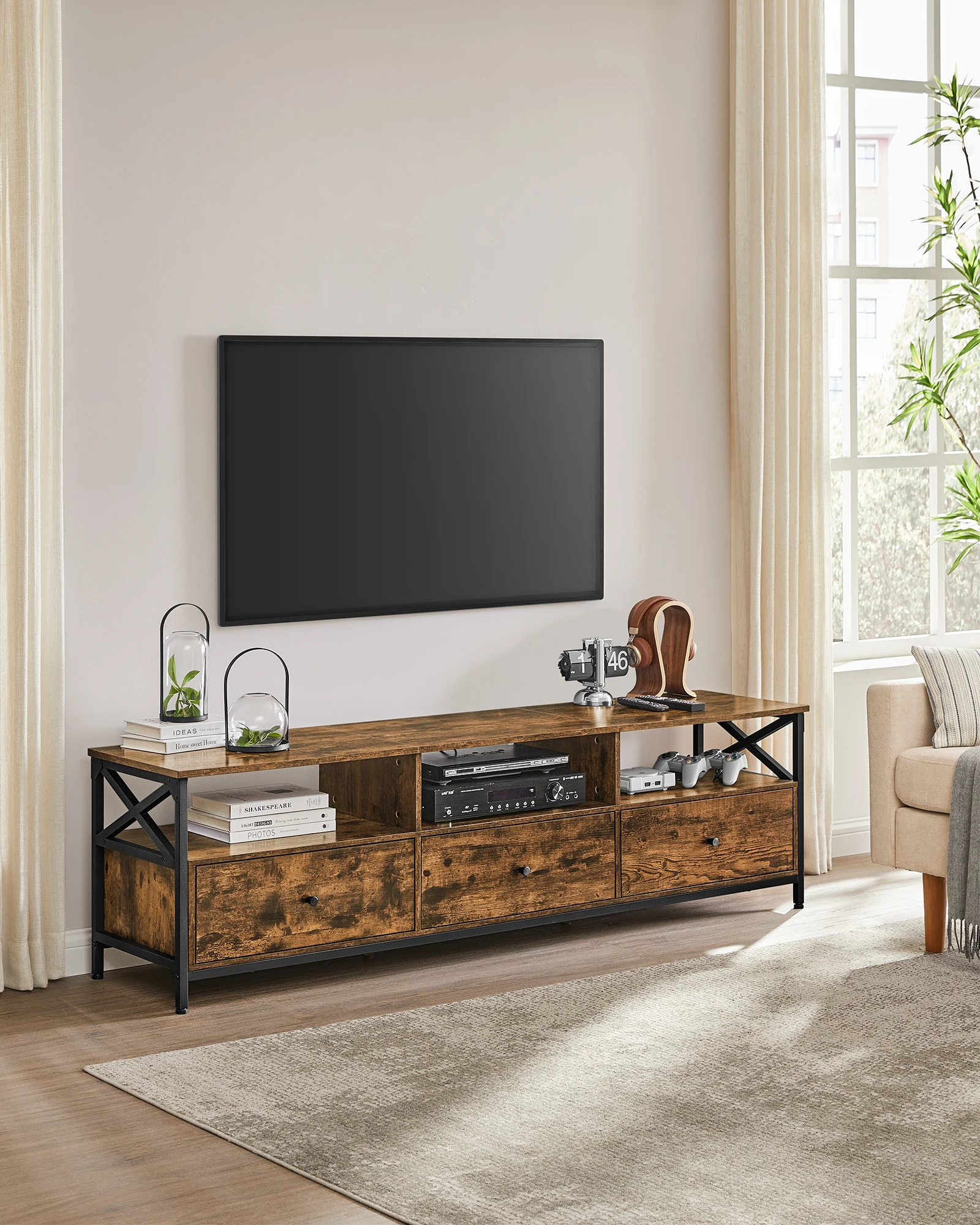 VASAGLE TV-Schrank, Lowboard für Fernseher bis zu 80 Zoll, Fernsehtisch mit 3 Stoffschubladen, 3 offenen Fächern