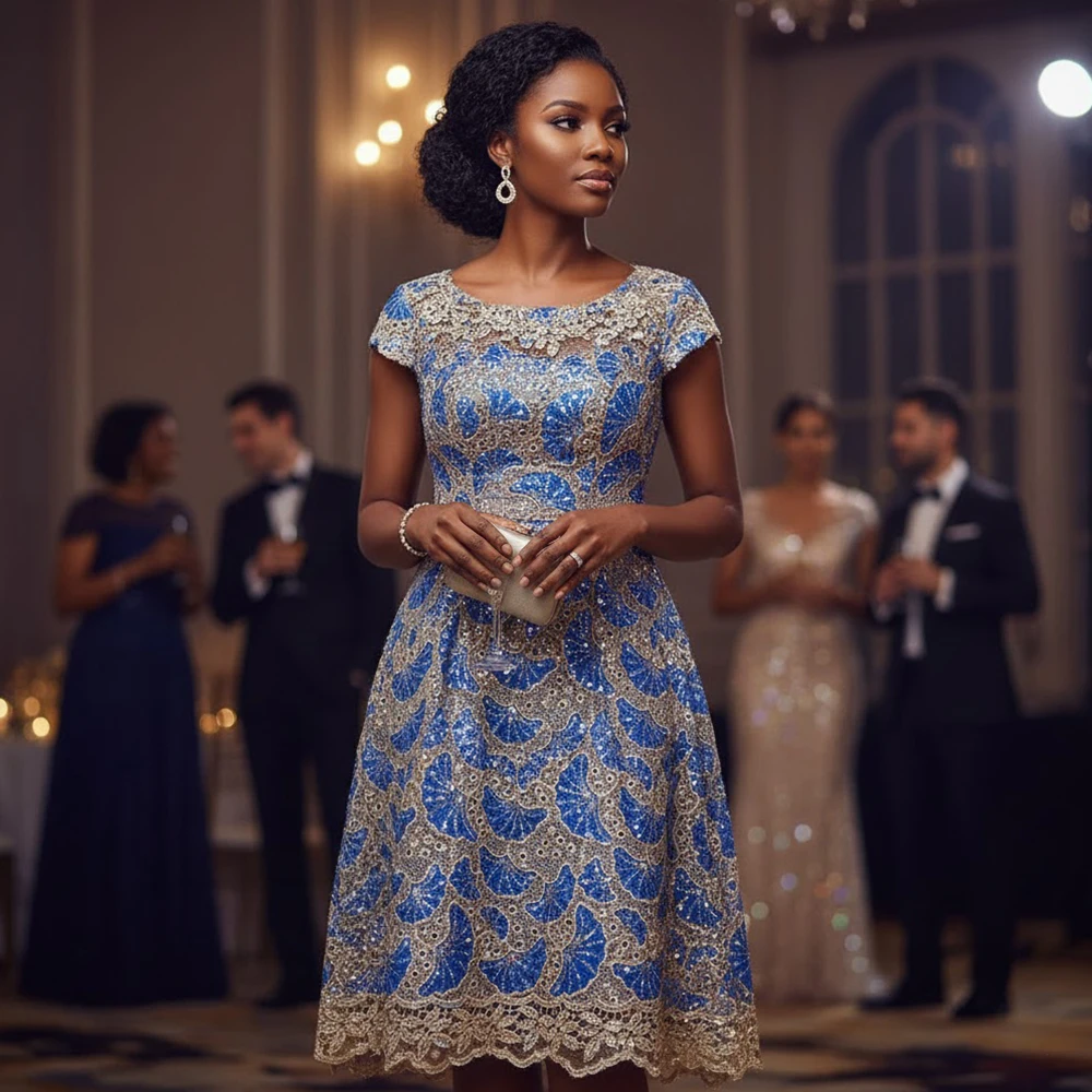 Afrikanischer Guipure-Kordelspitzenstoff mit Pailletten - Königsblau mit cremefarbener Stickerei, strukturierte Couture-Spitze für Abendkleider Image