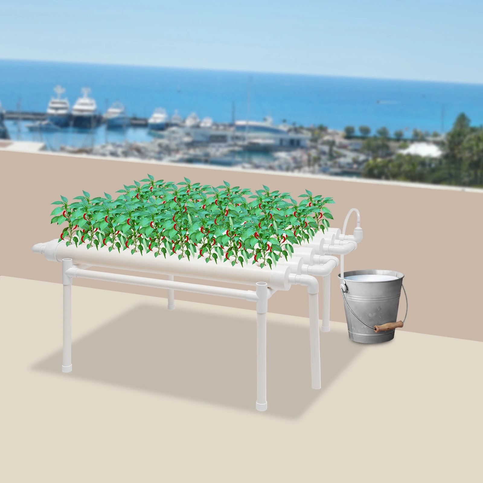 Erdloser Hydroponik-Anbausatz PVC-U – 54 Pflanzstellen Wasserzirkulation, 102x62x35cm Einfach Zu Installieren Ohne Bodenarbeit Image