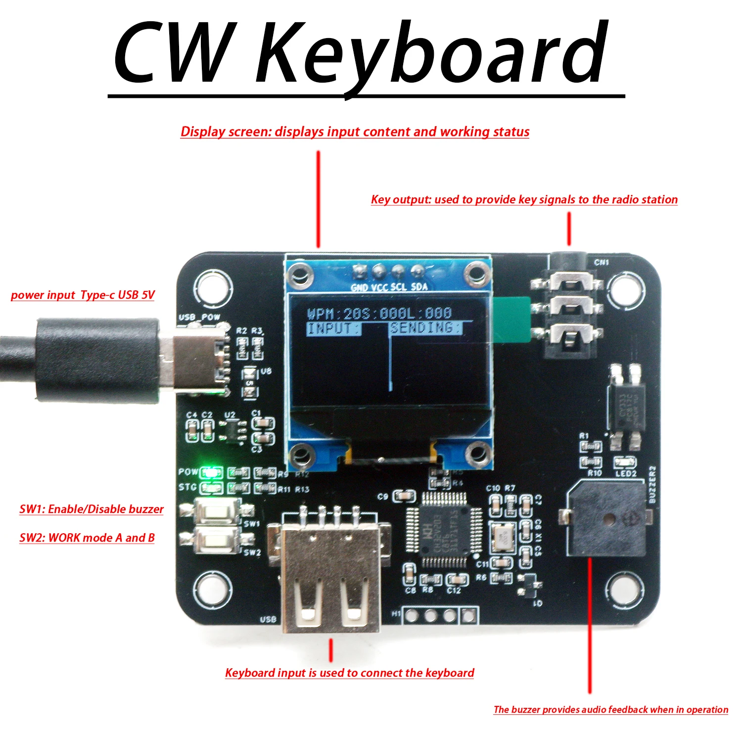 CW-Tastatur, elektronische Tasten, W-OLED-Digitalanzeige, Computertastatursingang, Morsecodesignale für die Funkübertragung amateur Image