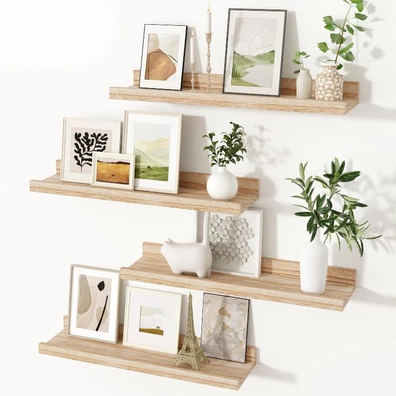 Wandmontiertes Holzregal für Wohnzimmer und Schlafzimmer, dekoratives Bücher-Fotorahmen-Präsentationsregal, Ein-Wort-Regal Image