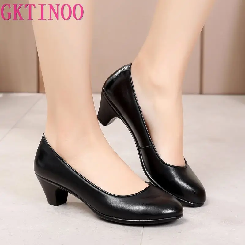GKTINOO Echtes Leder schuhe Frauen Runde Kappe Pumpen Sapato feminino High Heels Flach Mode Schwarz Arbeit Schuh Plus Größe 33-43