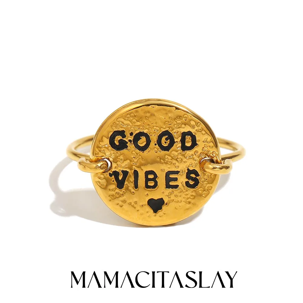 MamacitaSlay 316L Edelstahl Runder Buchstabe „GOOD VIBES“ Ring Party Wasserdichter Schmuck Damen Einzigartiger Charm-Ring Cooles Geschenk Image