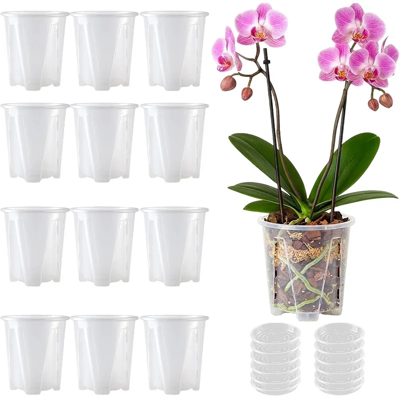 Transparenter Orchideen-Blumentopf mit Wurzelkontrolle, klare Luftsäule, Entwässerung, Belüftung, atmungsaktiver Blumentopf für Orchideen-Gartenarbeit im Innenbereich Image