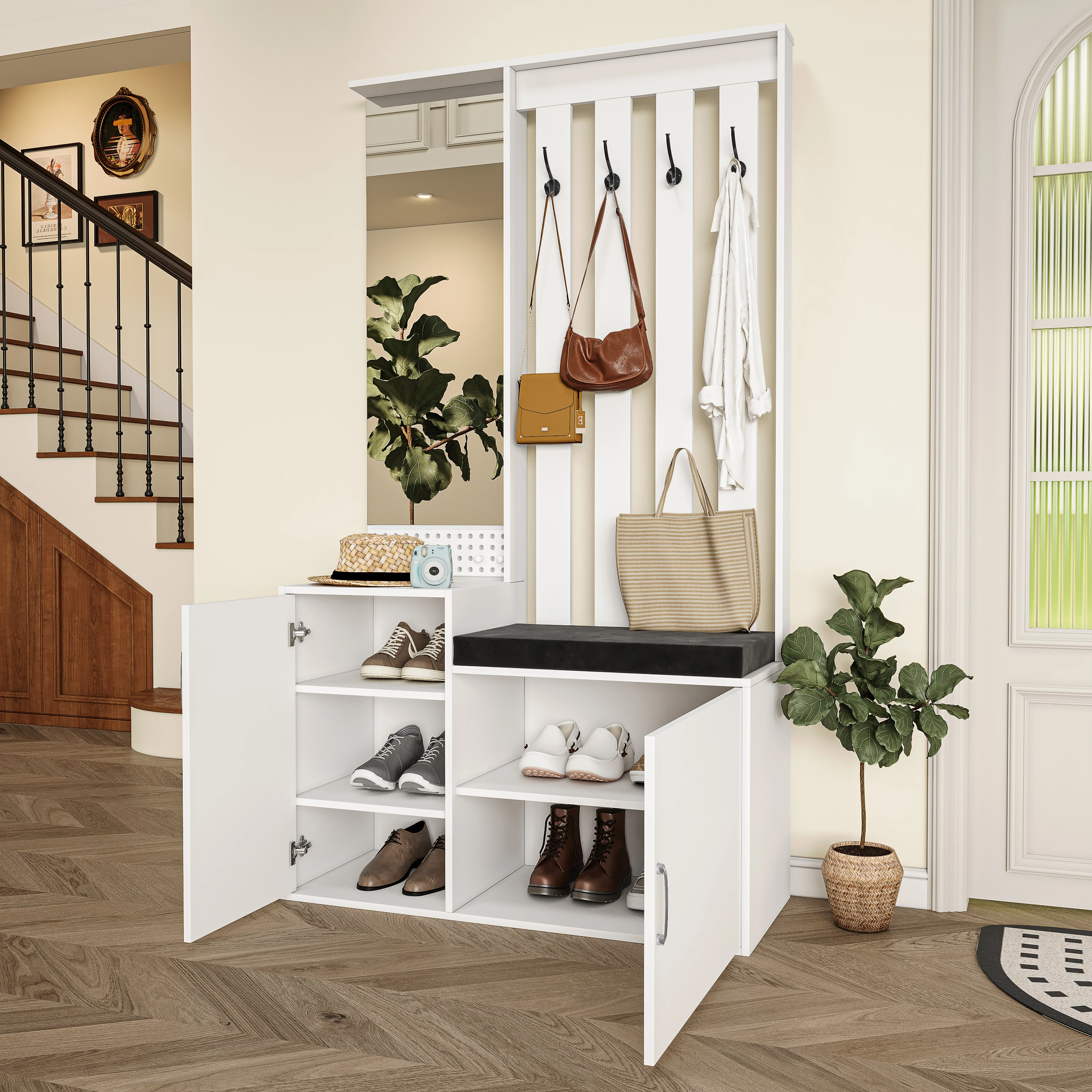 Rosahqnda Flur-Garderoben-Set mit Spiegel, multifunktionaler Schuhschrank, moderner Kleiderschrank für Eingangsbereich und Flur, Weiß