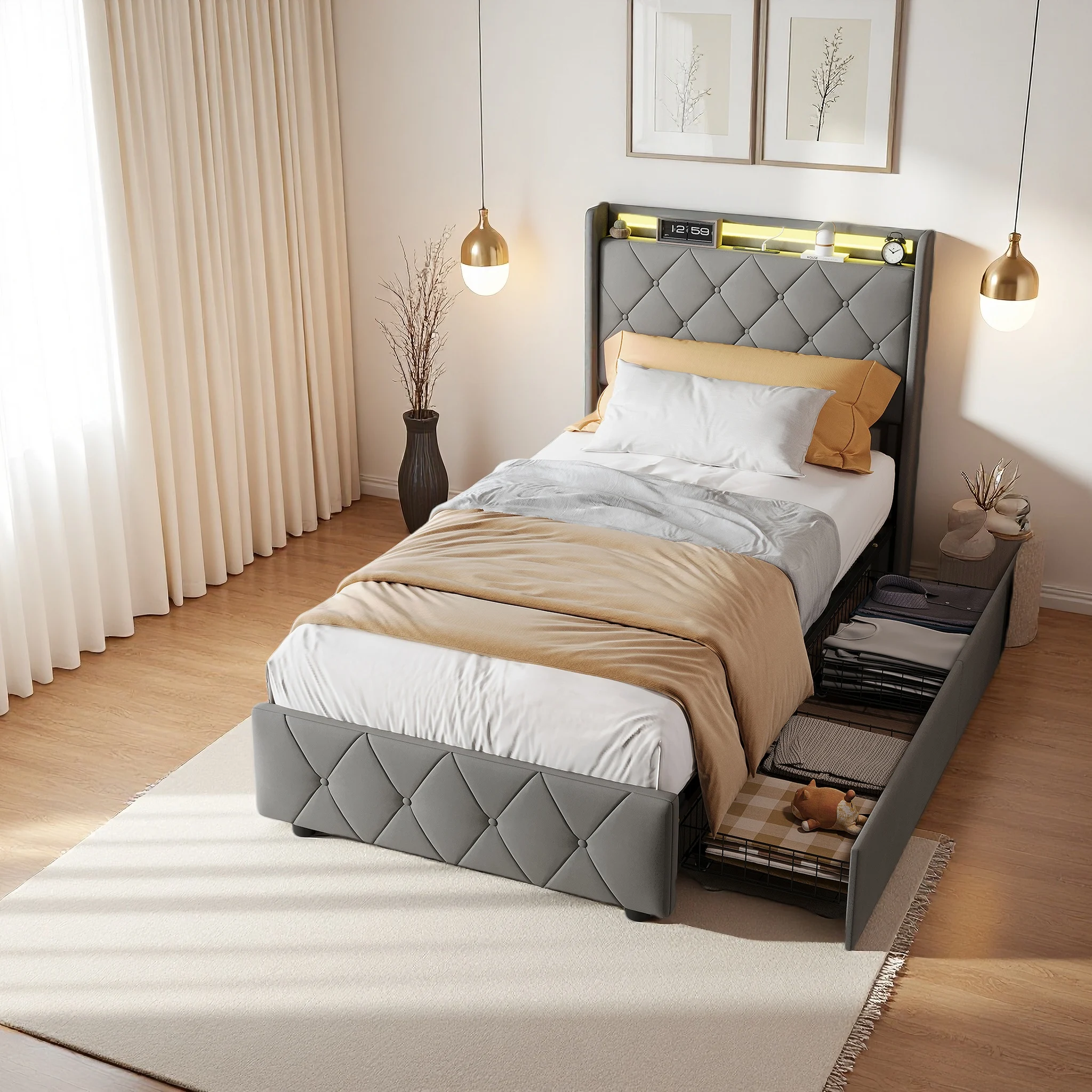 Rosahqnda Einzelbett 90 x 200 cm, Jugendbett mit 2 Schubladen, Holzlattenrost, Kinderbett, Stauraumbett, LED-Beleuchtung, Flanellstoff Image