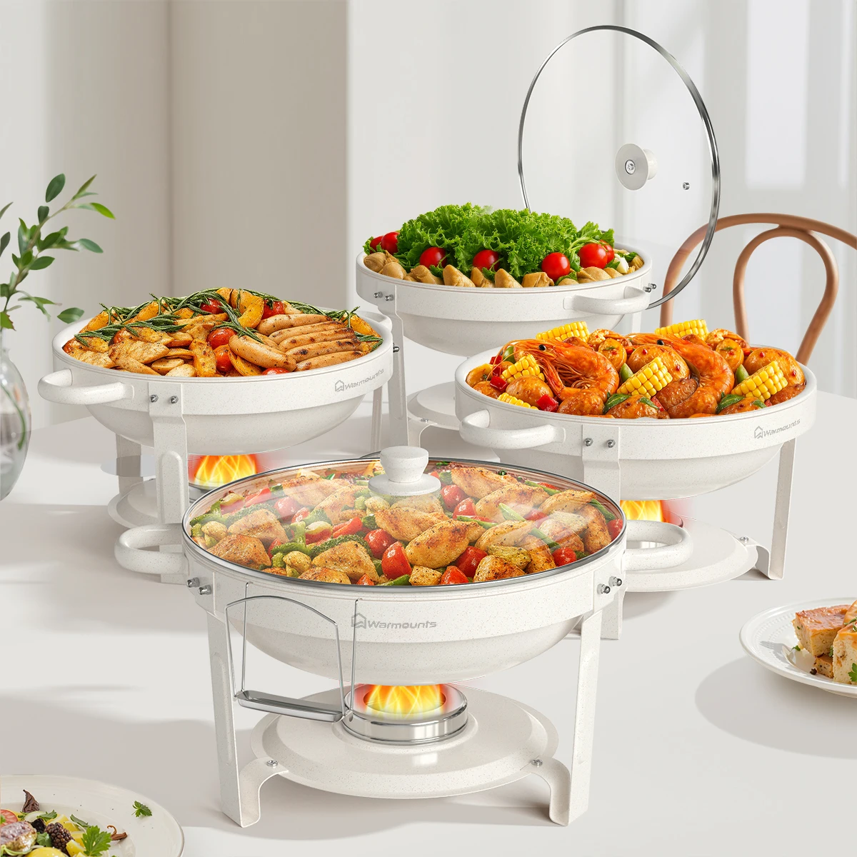 5QT 2er-Pack 4er-Pack Vollbeschichtete Runde Chafing Dishes Buffet-Set mit Glasdeckel Weißer Stil Chafer Wasserwanne Image