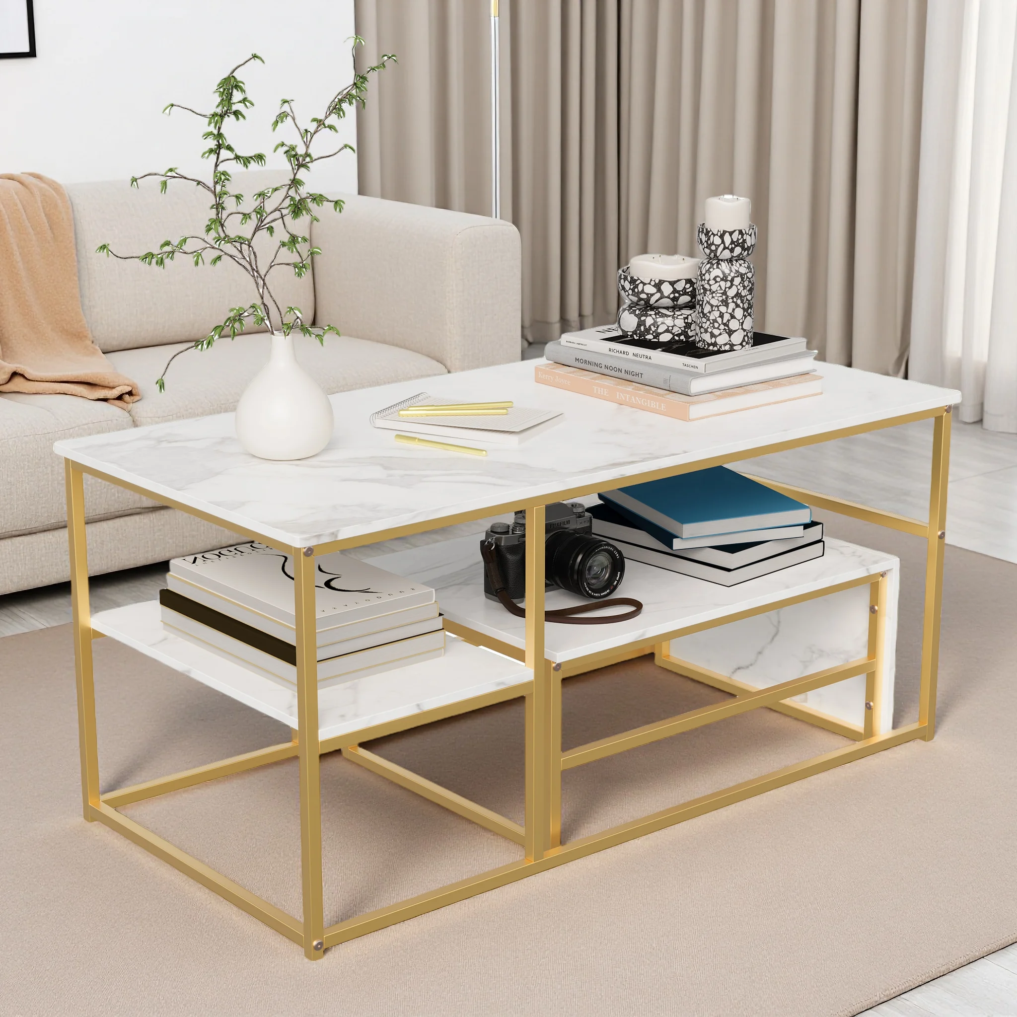 Superaly 105 x 52 x 48,5 cm großer Couchtisch, Teetisch, Beistelltisch mit Stauraum, quadratischer Couchtisch aus Marmor, goldener Fuß + weiße Platte