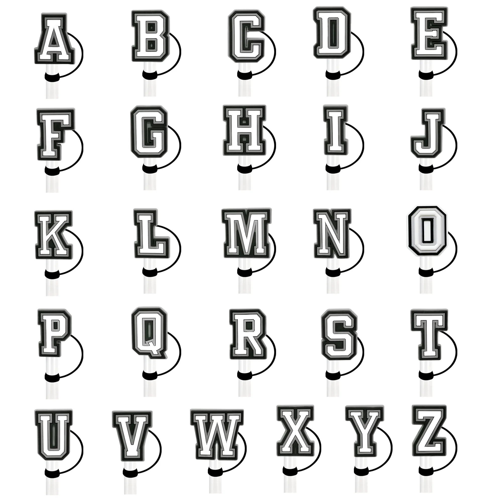 1–26 Stück schwarz-weiße englische Buchstaben, Alphabet, Stroh-Abdeckkappe, Stanley Cup, wiederverwendbar, 10 mm Stroh-Topper, kompatibel mit 30 und 40 Unzen Image